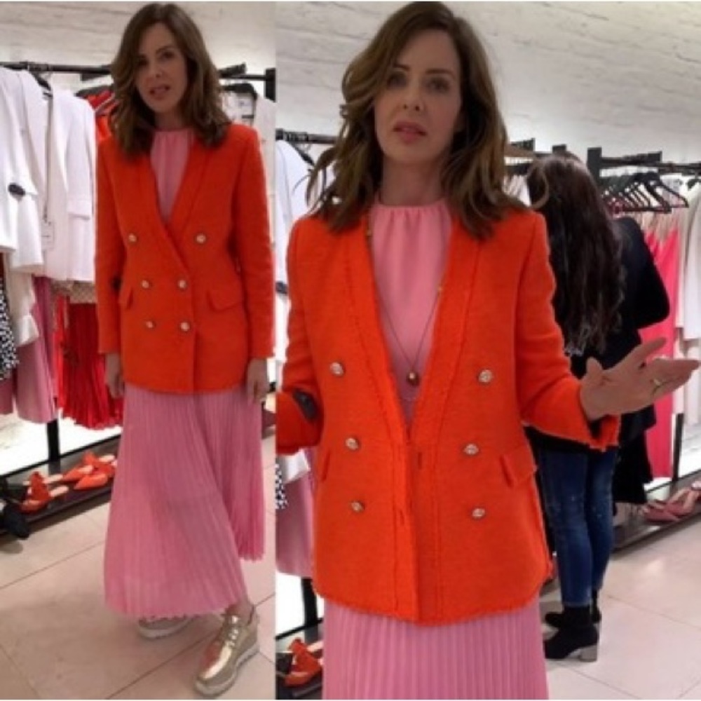 Zara Tweed Weave Jeweled Buttons Blazer Jacket Orange Size XS NEW - Picture 3 of 15